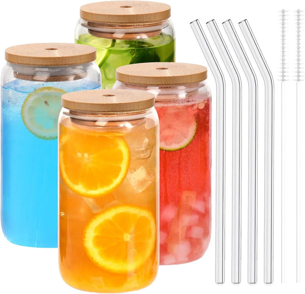 Drinking Glasses with Bamboo Lids and Glass Straws